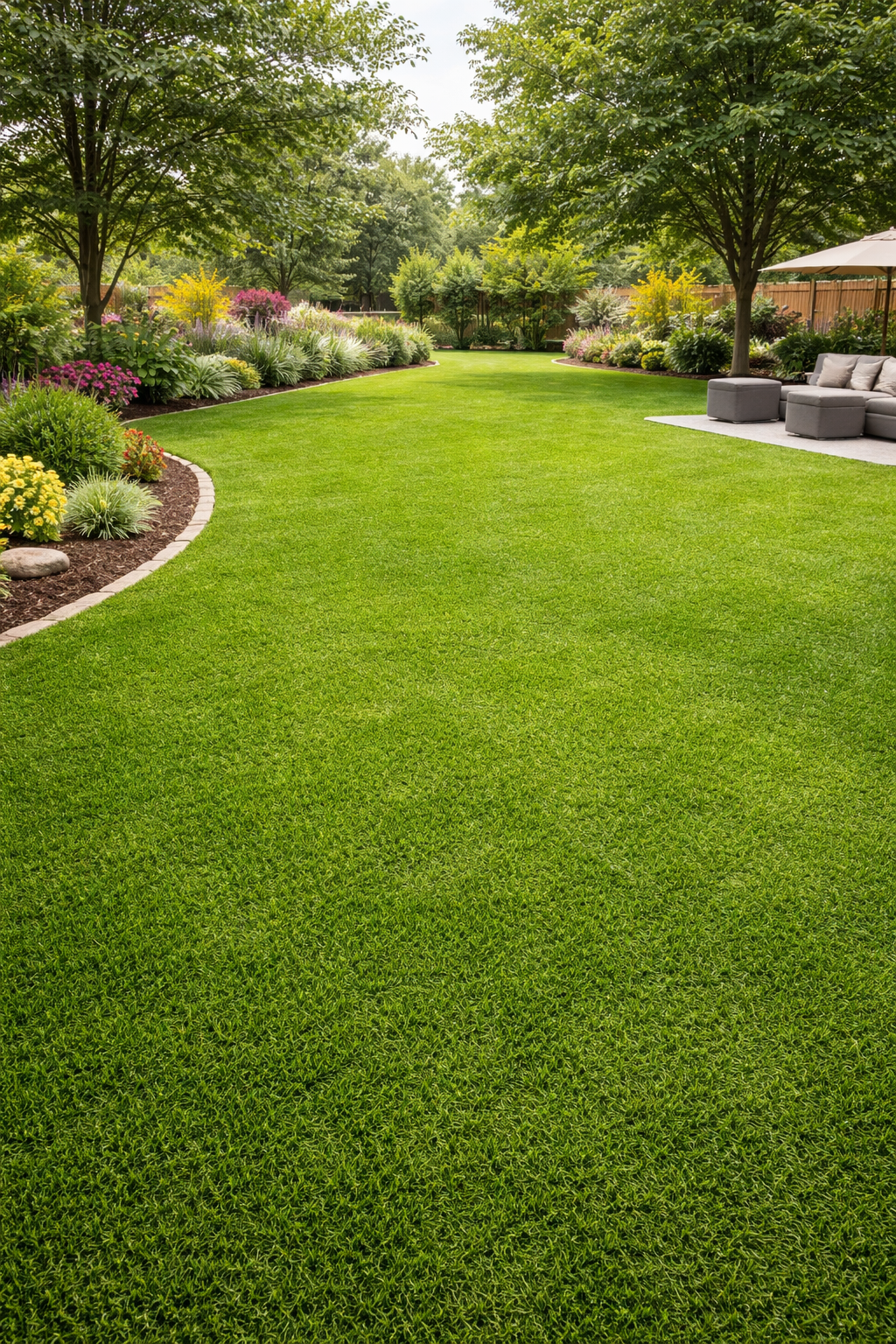 Sunny backyard with vibrant landscaping